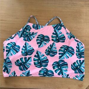 Pink Tropical Leaf Print Swimsuit Top